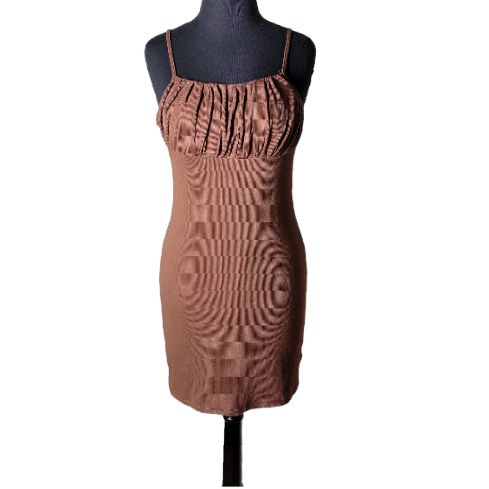 Kendall & Kylie brown shirred spaghetti strap bodycon mini dress women's small
